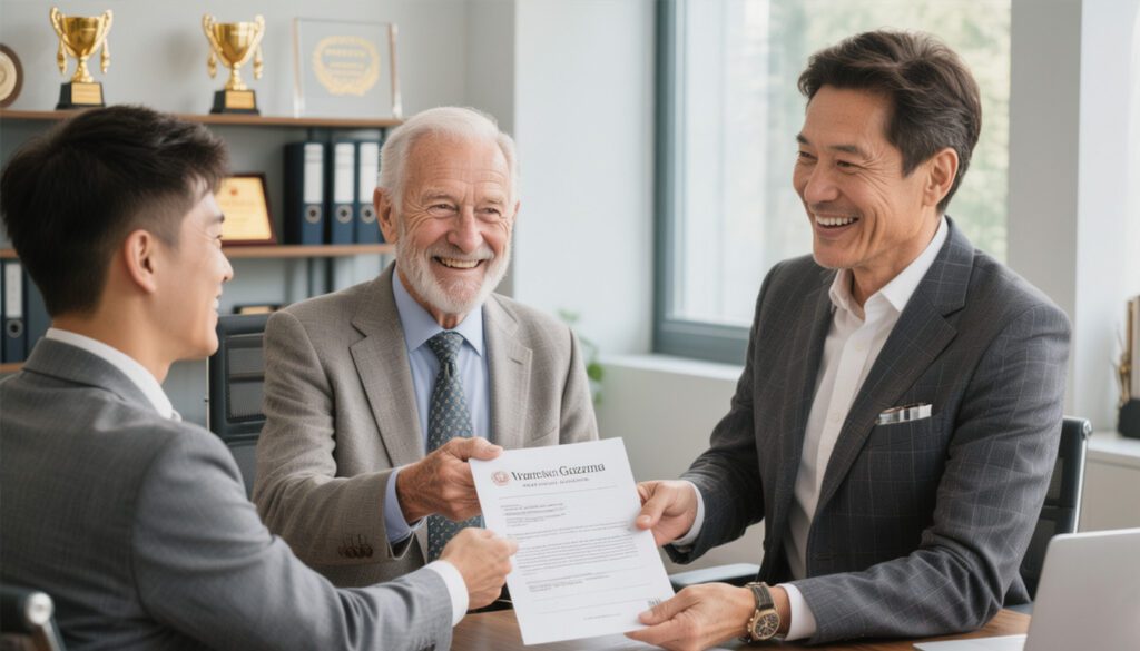 A mediator handing over business documents to a business owner and his son in a family business succession planning session.