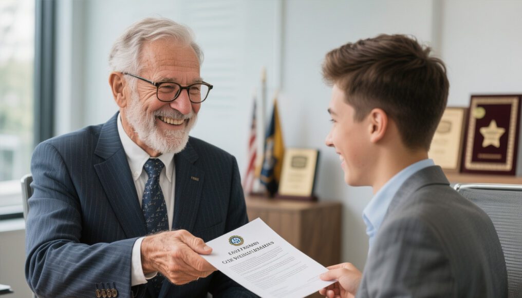 A senior business owner handing a document to a younger family member, both smiling in a modern office.