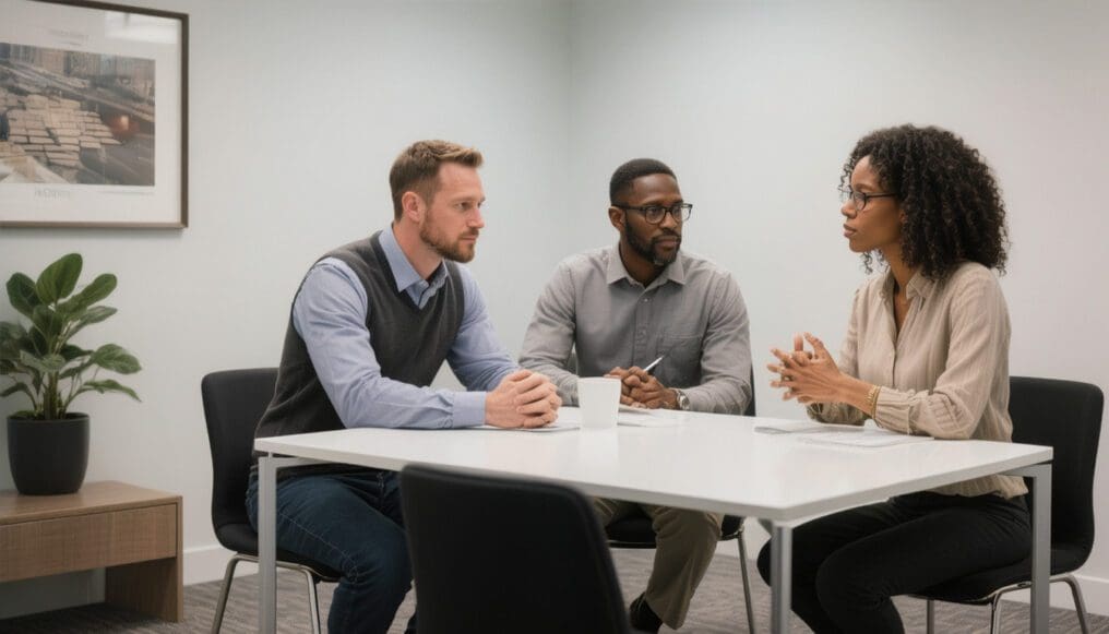 a business mediation session in a small office with no windows, sleek furniture and a white table with black chairs.