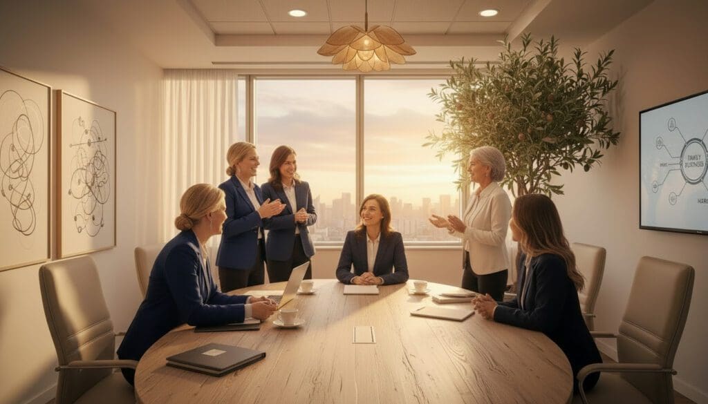 Multicultural business team and mediator collaborating in a bright glass-walled office with modern furniture, symbolizing open communication and cooperative mediation.