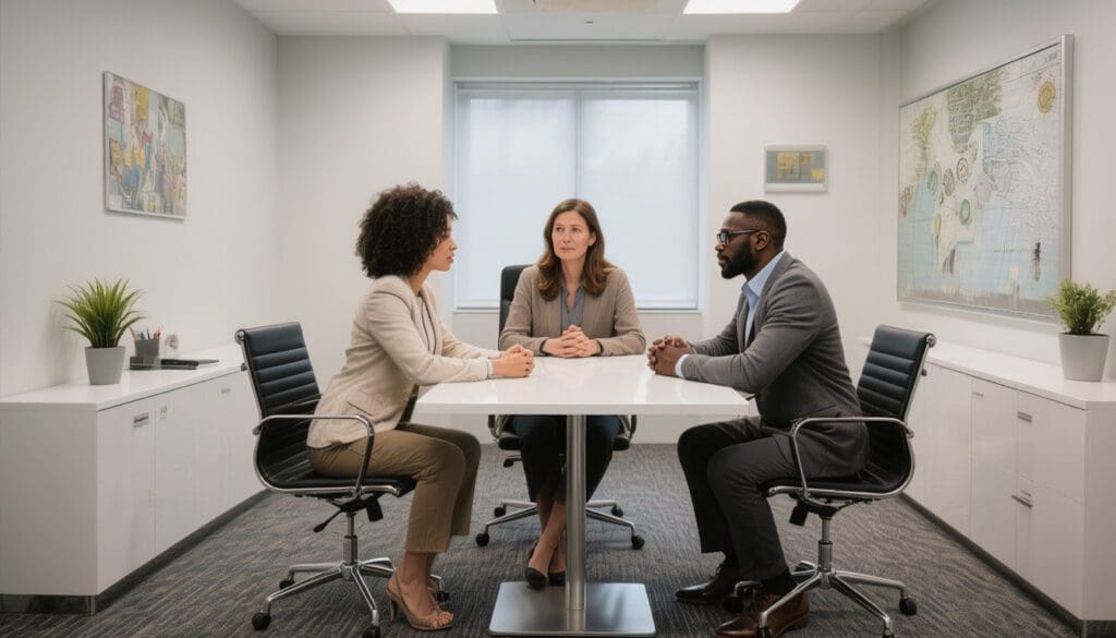 a business mediation session in a small office with no windows, sleek furniture and a white table with black chairs.