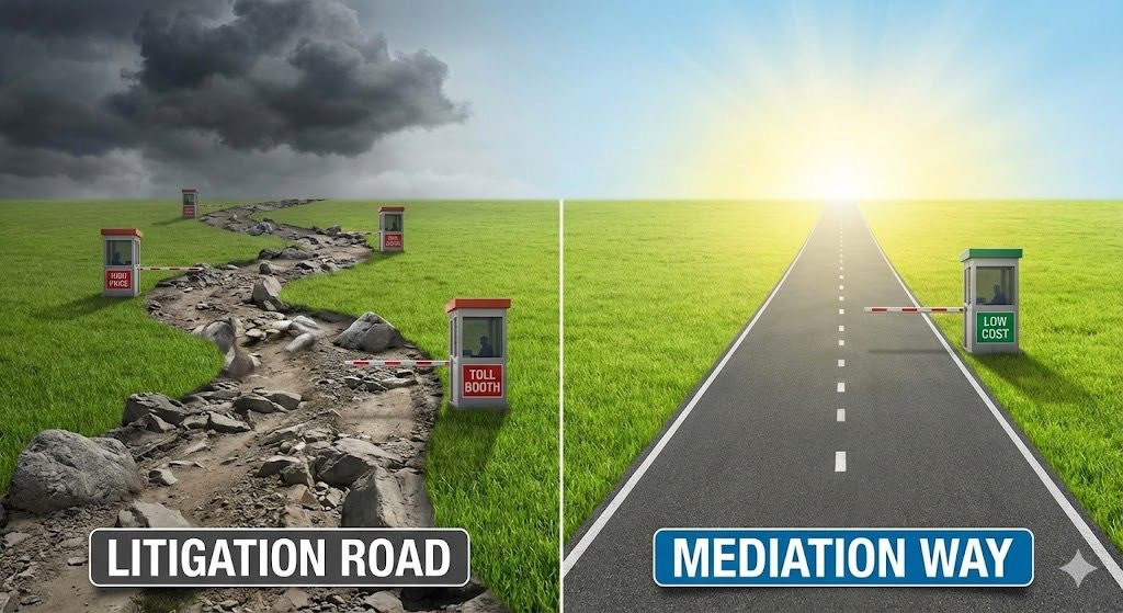 Two roads to combat litigation a hard road and a clear road representing mediation cost vs court cost
