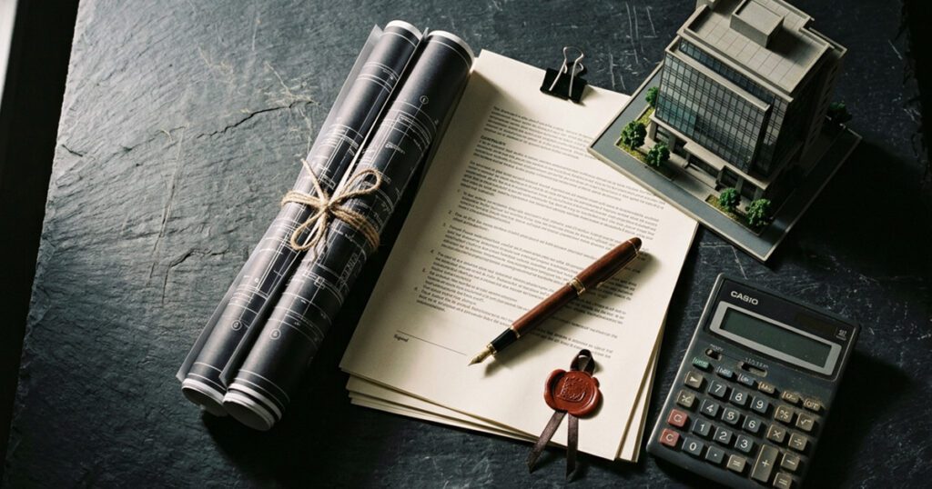 Dark studio flat lay — rolled architectural blueprints, a calculator, legal documents for construction mediation services