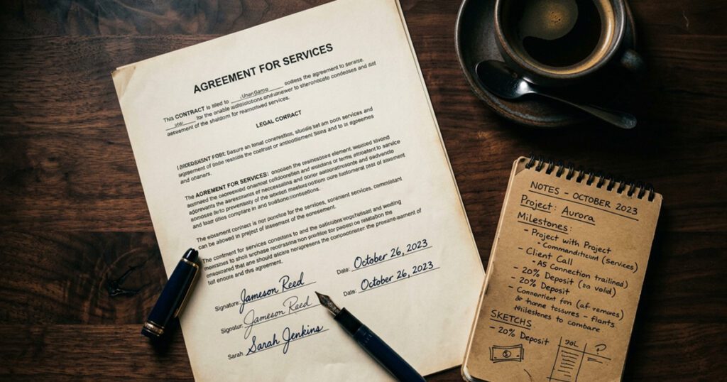 Overhead flat lay, small business mediation paperwork