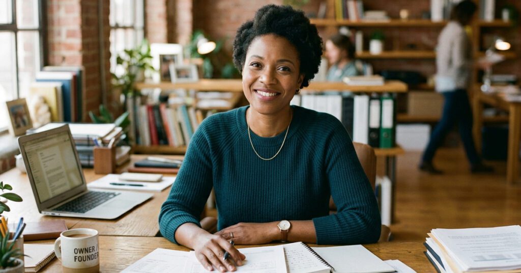 Single business owner at a desk after a successful small business mediation session