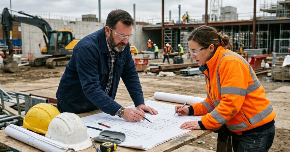 Two developers or contractors reviewing blueprints on a job site table.