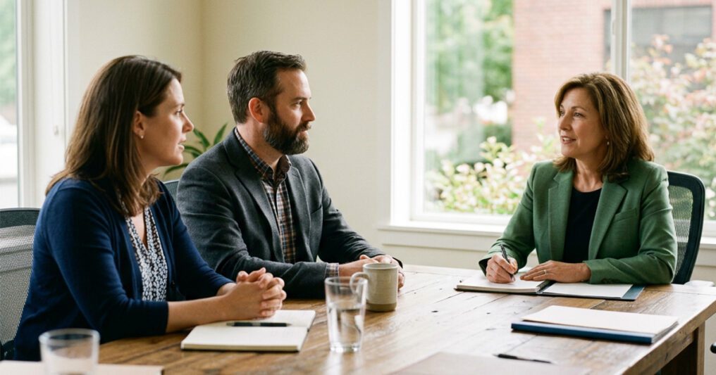 Two small business owners across a table from a mediator, handshakes imminent, warm but professional office setting