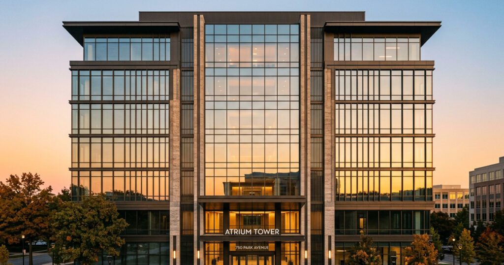 Wide shot of a modern commercial building exterior saved after construction mediation services by Alternative Law