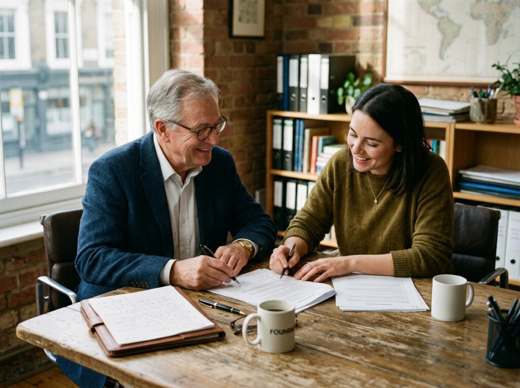 Family business founder and adult child signing succession documents together at conference table