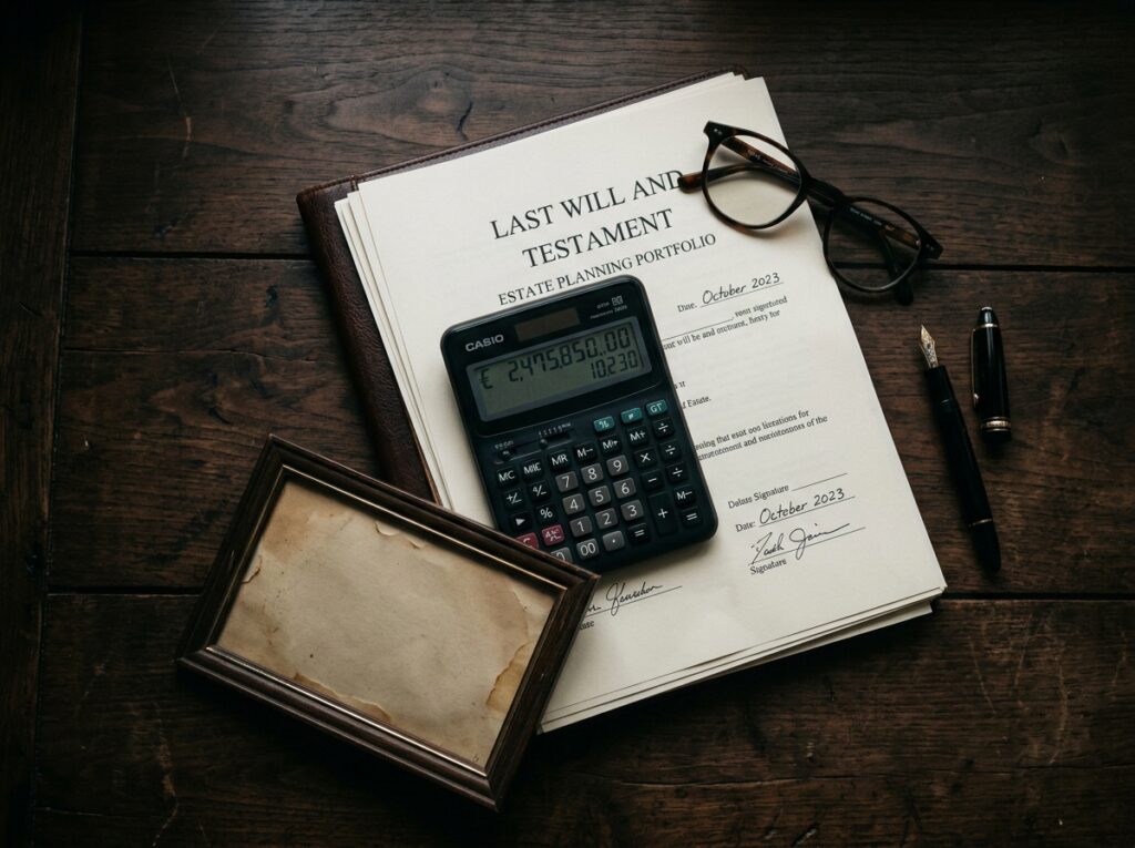 Flat lay of estate planning documents, calculator, fountain pen and family photo on dark walnut desk