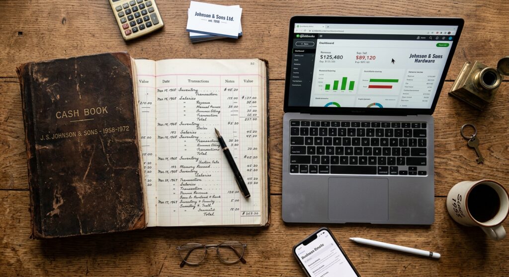 Flat lay of vintage business ledger and modern laptop side by side representing generational business handoff