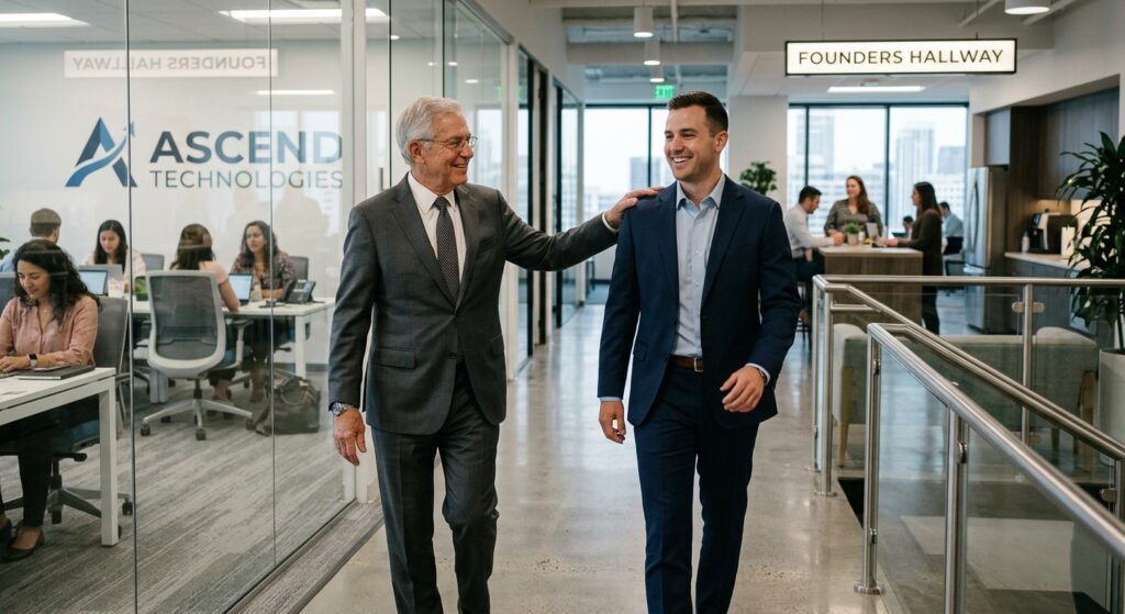 Older business founder walking alongside adult successor through office, hand on shoulder, passing the torch