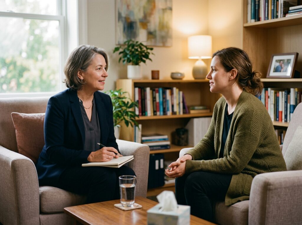 Professional mediator in private one-on-one session with family business client in office setting