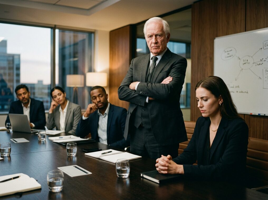 Senior business founder standing at boardroom table with arms crossed while next-generation leader sits nearby