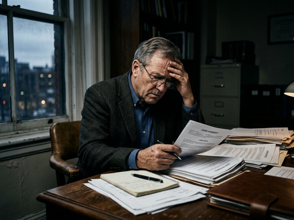 Senior family business owner reviewing estate documents alone at desk, expression of concern