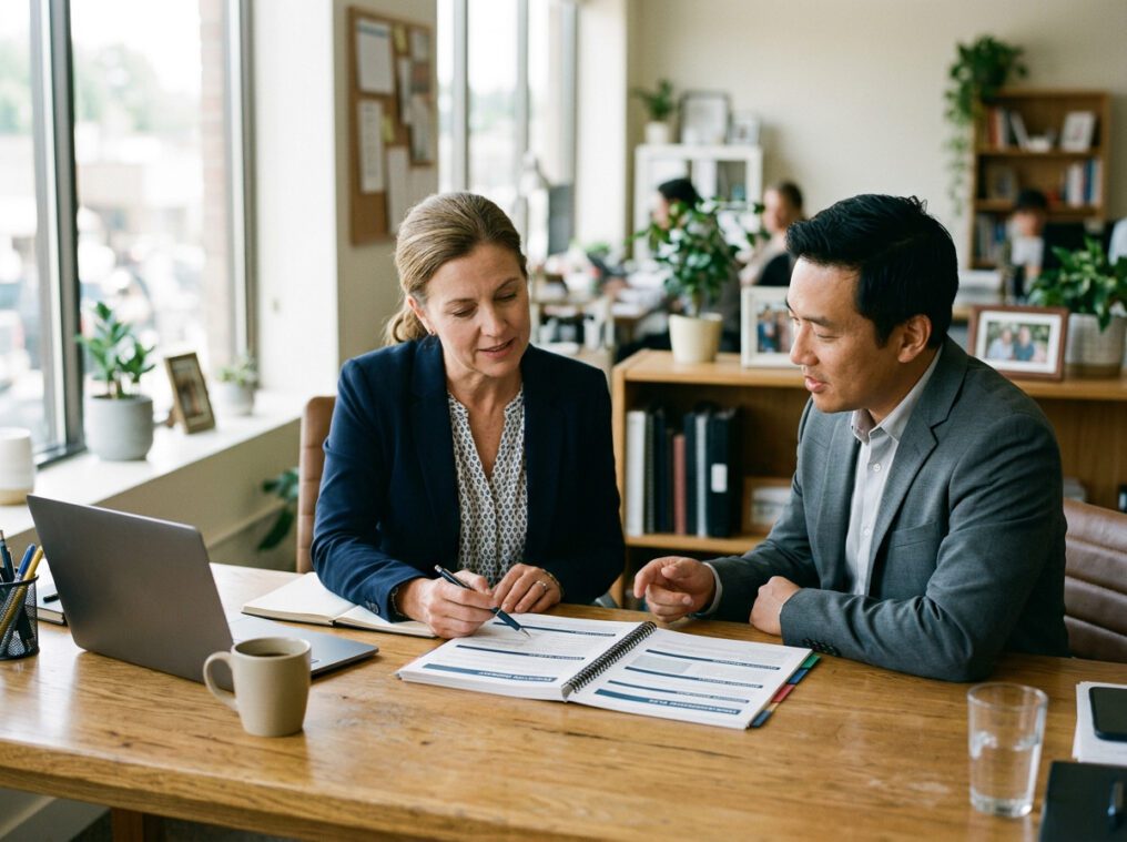 Family business founder reviewing succession planning decision framework documents with advisor