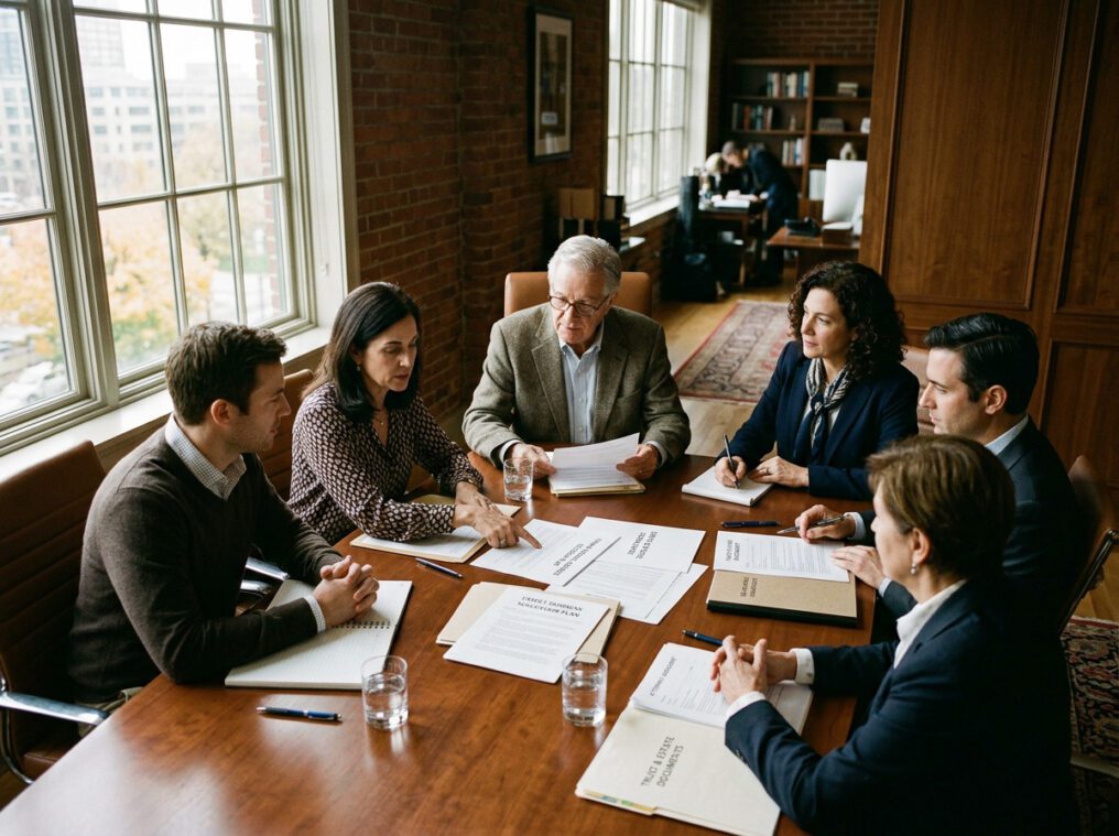 Family business succession meeting with mediator and multiple generations reviewing plan documents