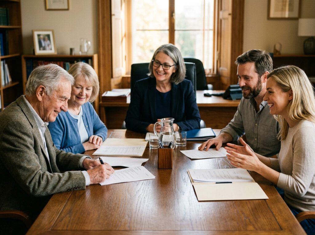 Frank Fallon style mediator leading family business succession session with full family agreement