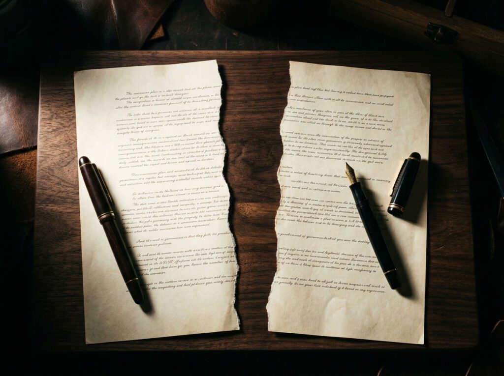 Succession plan documents with unresolved conflict represented by gap between two sets of hands