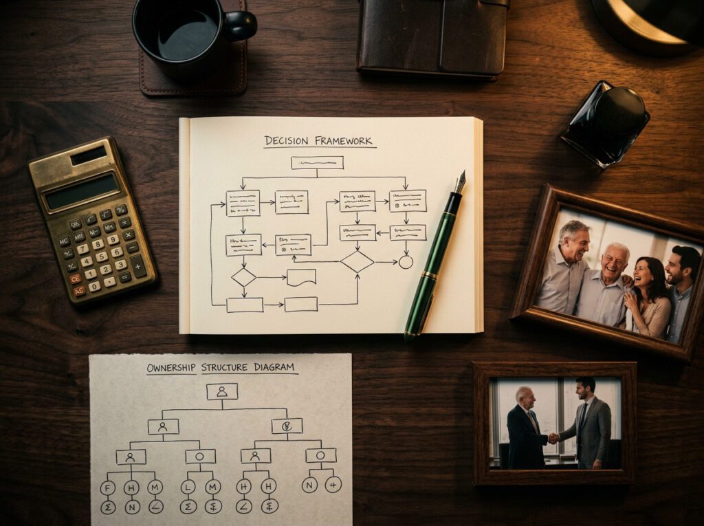 Succession planning decision map flat lay with business documents ownership charts and family photos